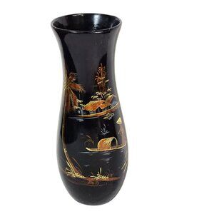 VTG Hand-Painted Black Lacquer Ware East Asian Wood Vase Tropical Village Scene